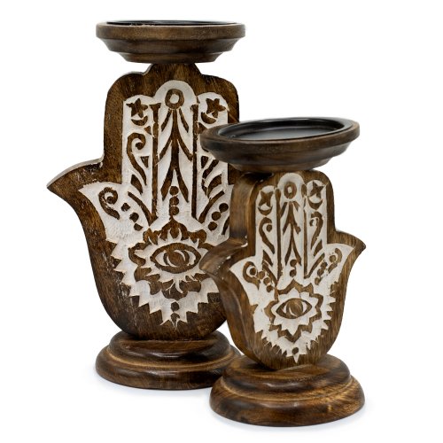 (image for) Mango Wood Candle Stand - Hamsa - Small