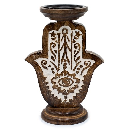 (image for) Mango Wood Candle Stand - Hamsa - Large