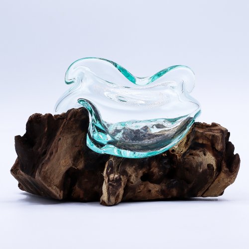 (image for) Molten Glass Wavy Bowl on Wood 18cm