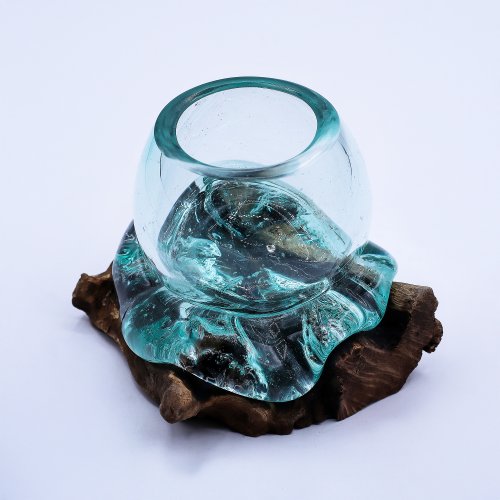 (image for) Molten Glass Mini Goldfish Bowl on Wood 20cm