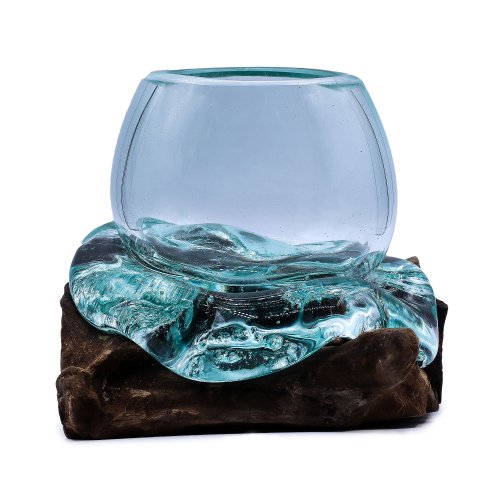 (image for) Molten Glass Mini Goldfish Bowl on Wood 20cm