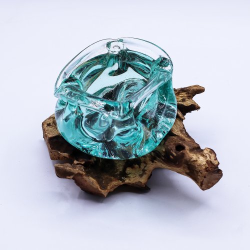 (image for) Molten Glass Chunky Ashtray / Candle Holder on Wood 23cm