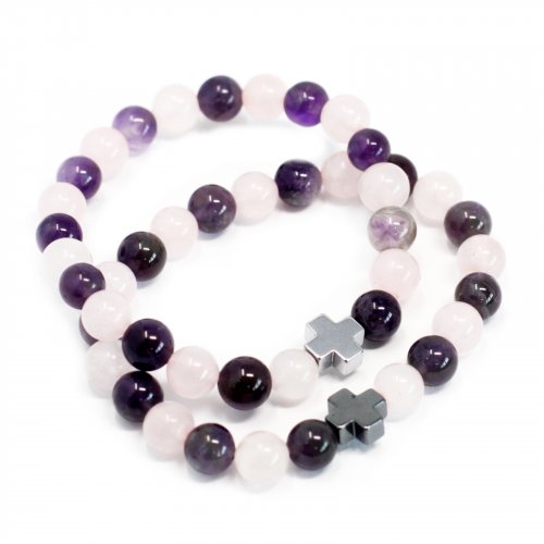 (image for) Set of 2 Gemstones Friendship Bracelets - Love - Amethyst & Rose Quartz