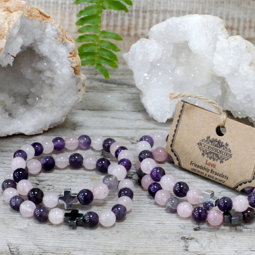 (image for) Set of 2 Gemstones Friendship Bracelets - Love - Amethyst & Rose Quartz