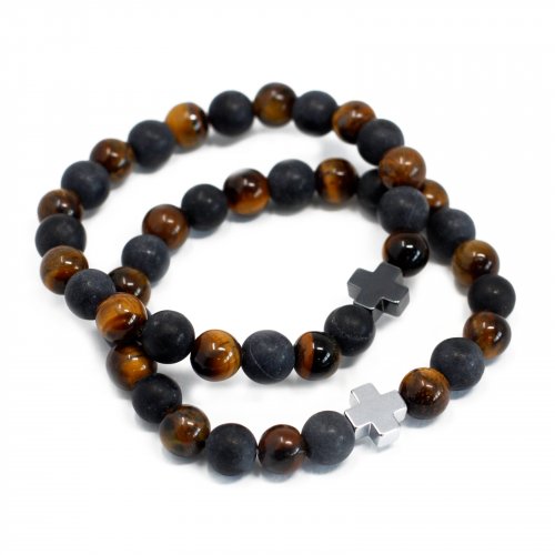 (image for) Set of 2 Gemstones Friendship Bracelets - Power - Tiger Eye & Black Stone