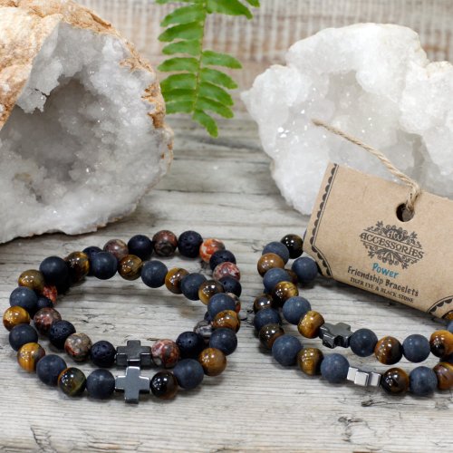 (image for) Set of 2 Gemstones Friendship Bracelets - Power - Tiger Eye & Black Stone