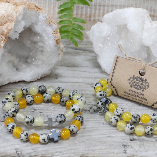 (image for) Set of 2 Gemstones Friendship Bracelets - Protection - Dalmatian Jasper & Yellow Agate