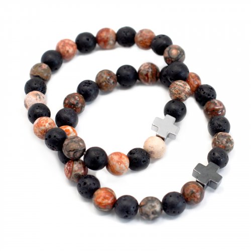 (image for) Set of 2 Gemstones Friendship Bracelets - Eternity - Leopard Skin Jasper & Lava Stone
