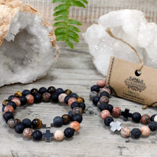 (image for) Set of 2 Gemstones Friendship Bracelets - Eternity - Leopard Skin Jasper & Lava Stone
