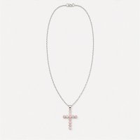 (image for) Indian Devotional Pendant - Silver Plated (45cm Chain)- Rose Quartz Crucifix