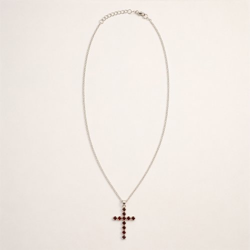 (image for) Indian Devotional Pendant - Silver Plated (45cm Chain)- Garnet Crucifix