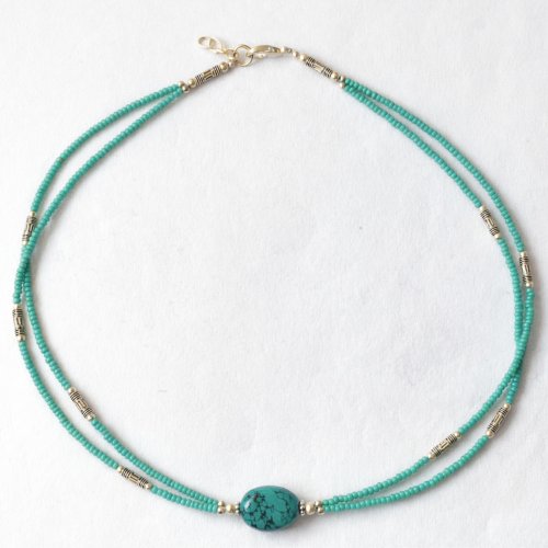 (image for) Nepalese Extra Fine Two Line Necklace - Turquoise & Lapis Pendant