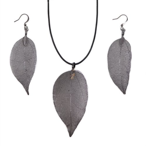 (image for) Necklace & Earring Set - Bravery Leaf - Pewter