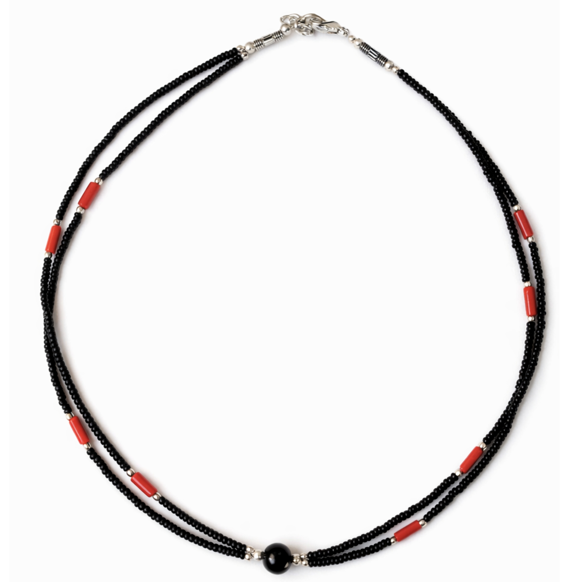Nepalese Extra Fine Two Line Necklace - Black & Coral Pendant