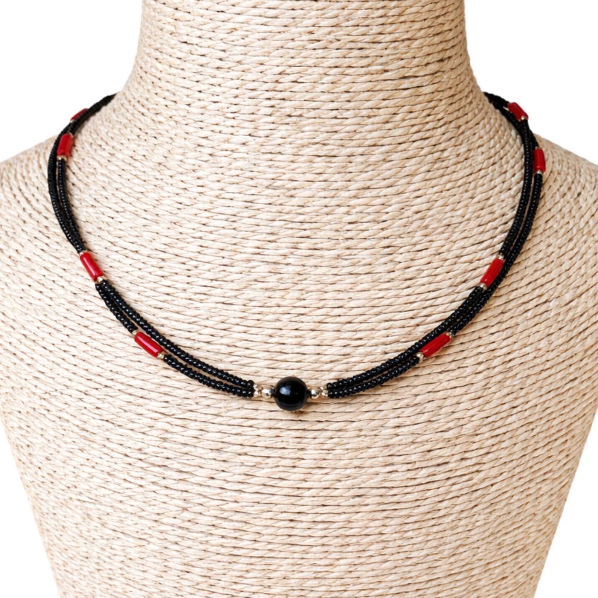 Nepalese Extra Fine Two Line Necklace - Black & Coral Pendant