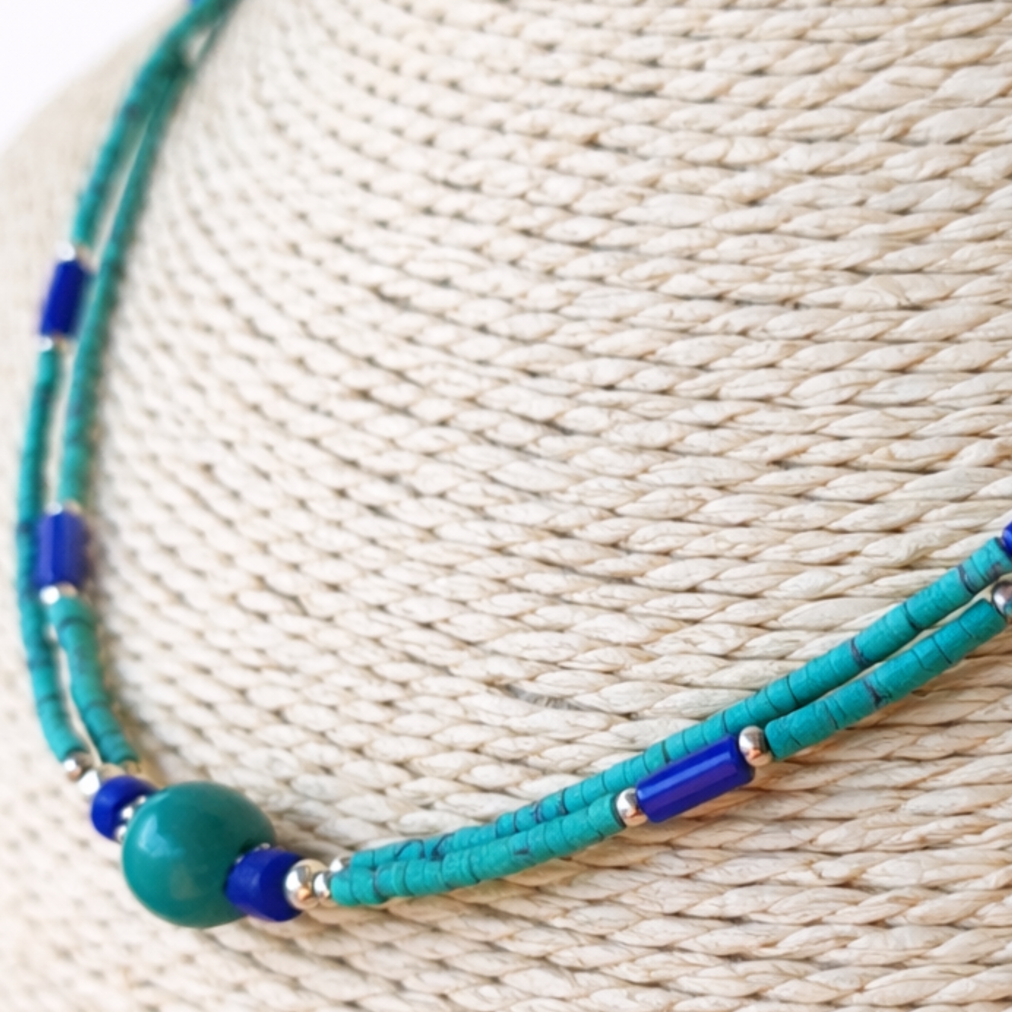 Nepalese Extra Fine Two Line Necklace - Lapis & Malachite Pendant