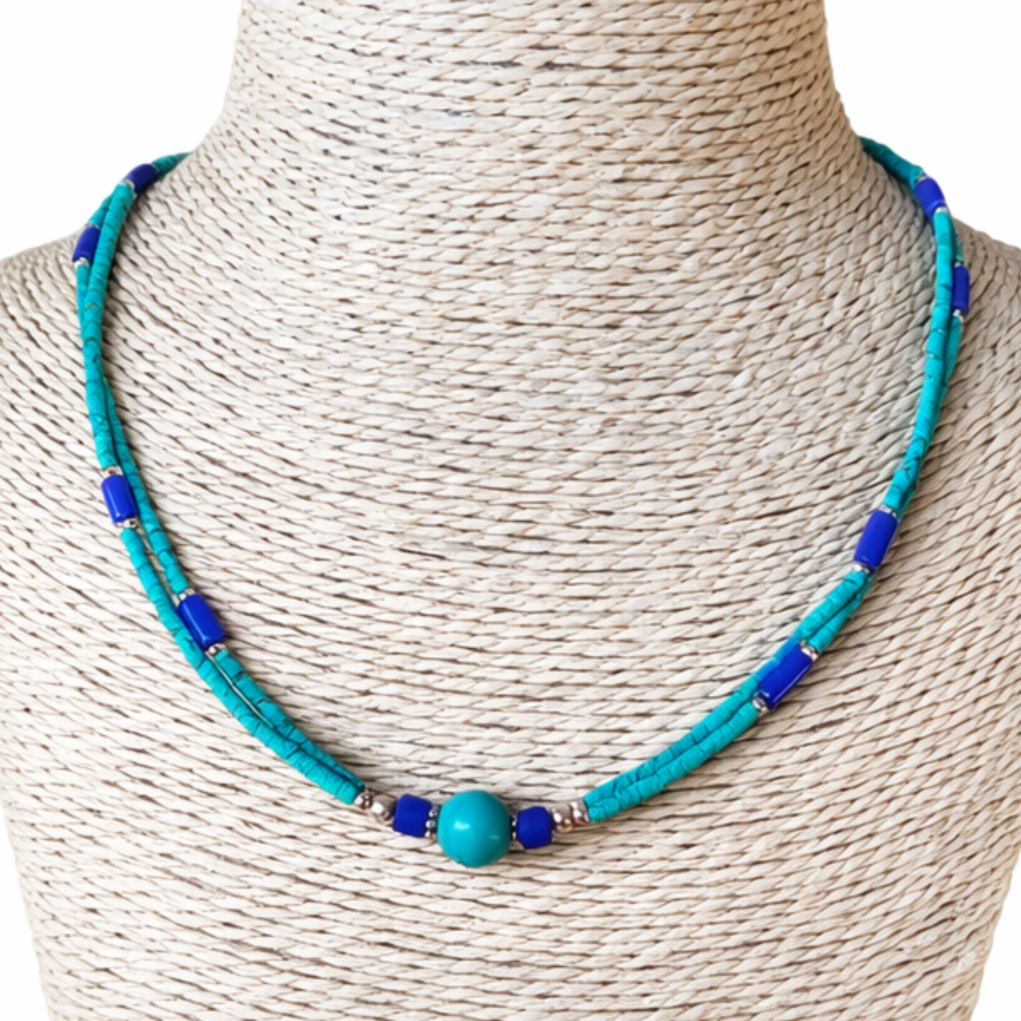 Nepalese Extra Fine Two Line Necklace - Lapis & Malachite Pendant