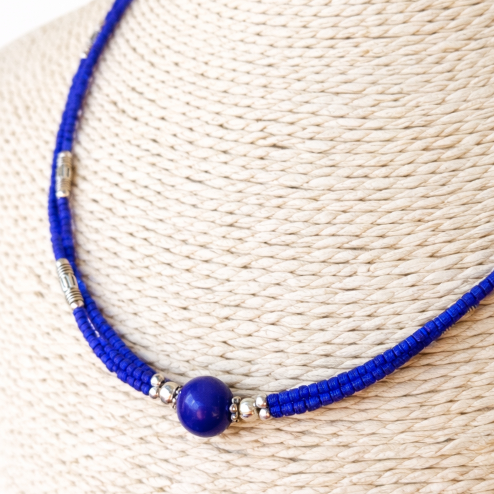 Nepalese Extra Fine Two Line Necklace - Blue Onyx & Lapis Pendant