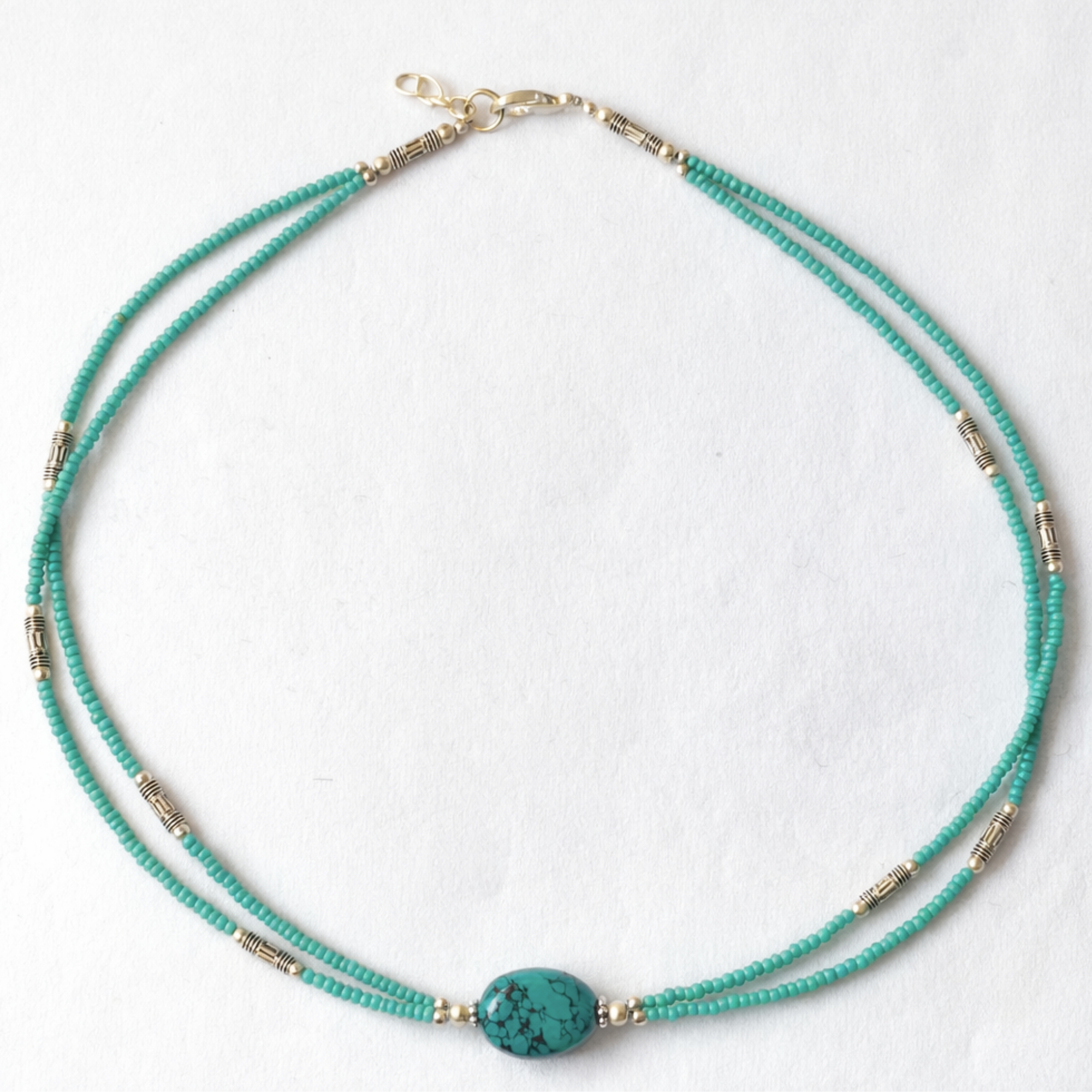Nepalese Extra Fine Two Line Necklace - Turquoise & Lapis Pendant