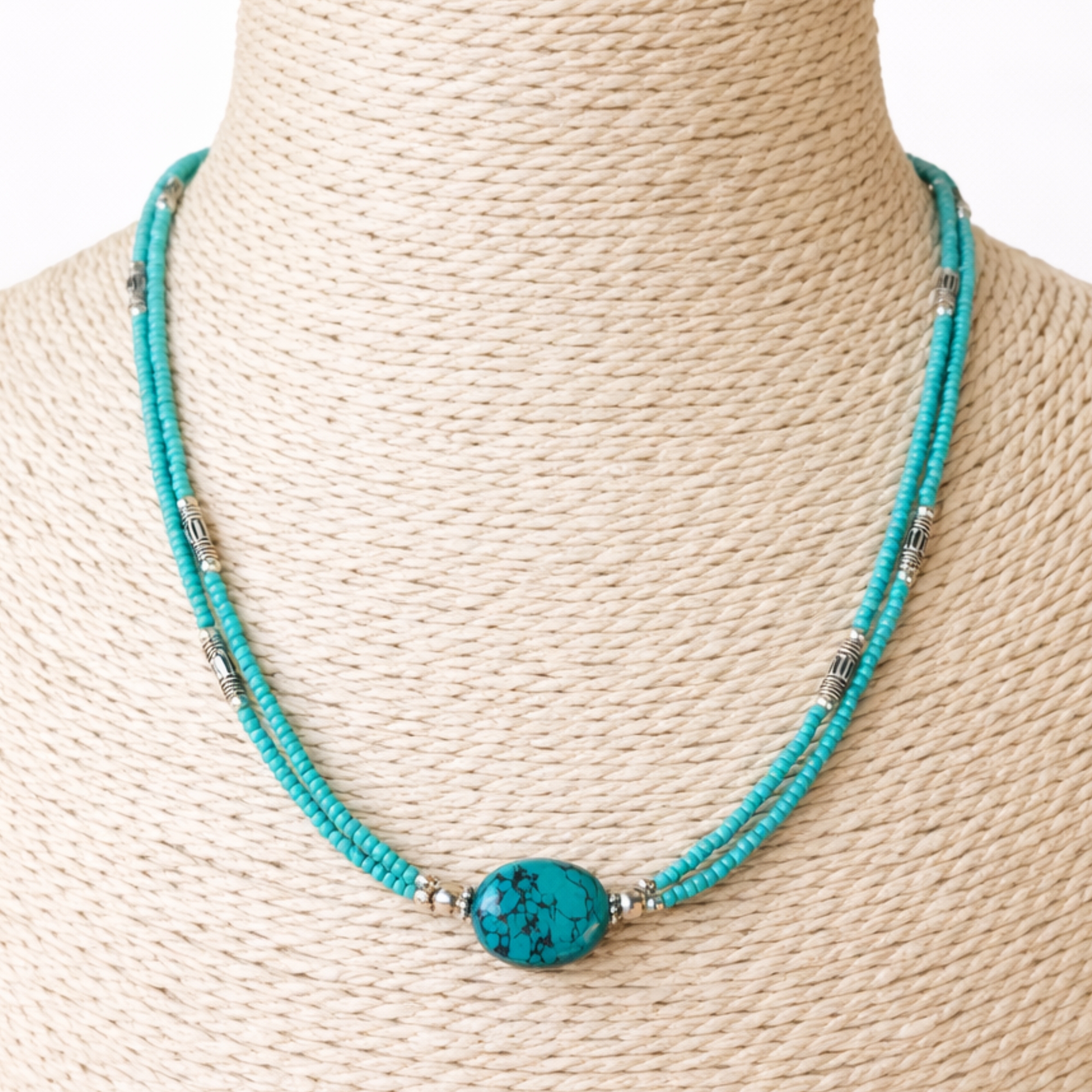 Nepalese Extra Fine Two Line Necklace - Turquoise & Lapis Pendant