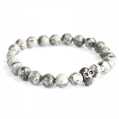 (image for) Pewter Skull / Grey Agate - Gemstone Bracelet