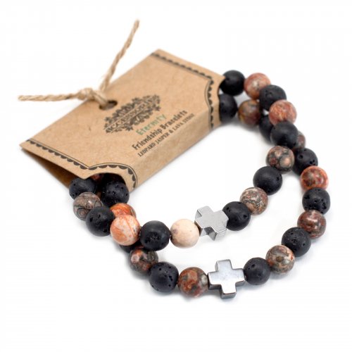 (image for) Set of 2 Gemstones Friendship Bracelets - Eternity - Leopard Skin Jasper & Lava Stone