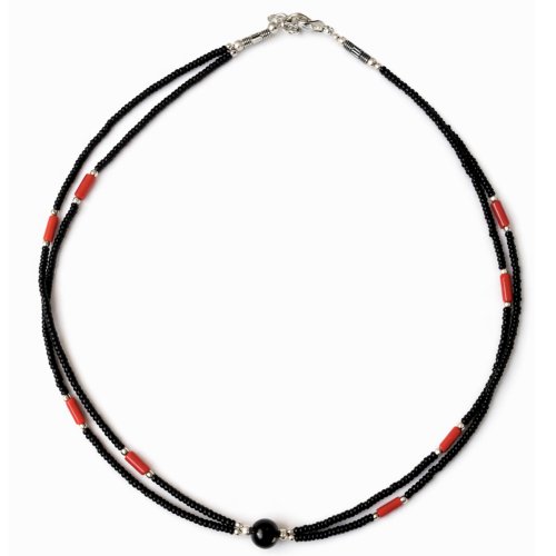 (image for) Nepalese Extra Fine Two Line Necklace - Black & Coral Pendant