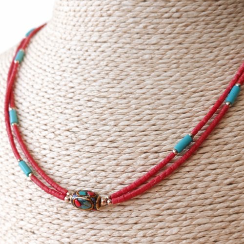 (image for) Nepalese Extra Fine Two Line Necklace - Pink & Turquoise Pendant
