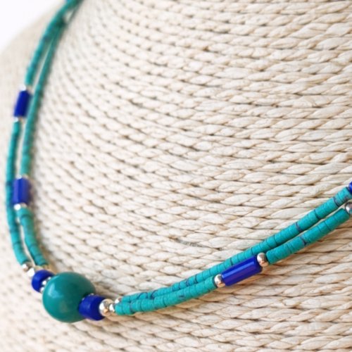 (image for) Nepalese Extra Fine Two Line Necklace - Lapis & Malachite Pendant